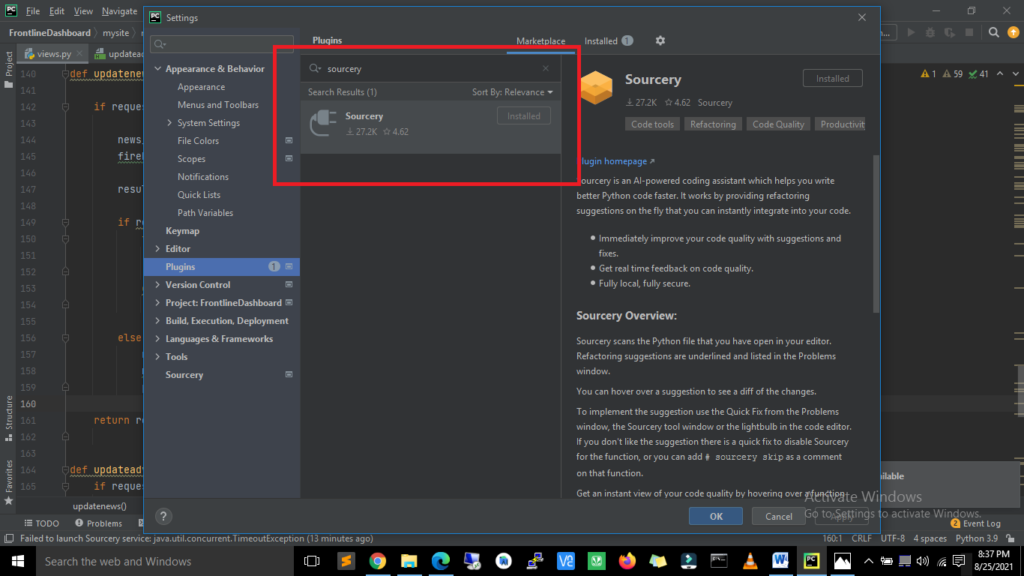 sourcery installation in pycharm