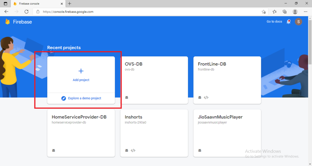 click on add project in firebase console